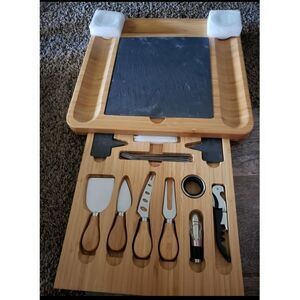 Bamboo Cheese Board and Knife Set - Wood Charcuterie Platter Slate Serving Tray